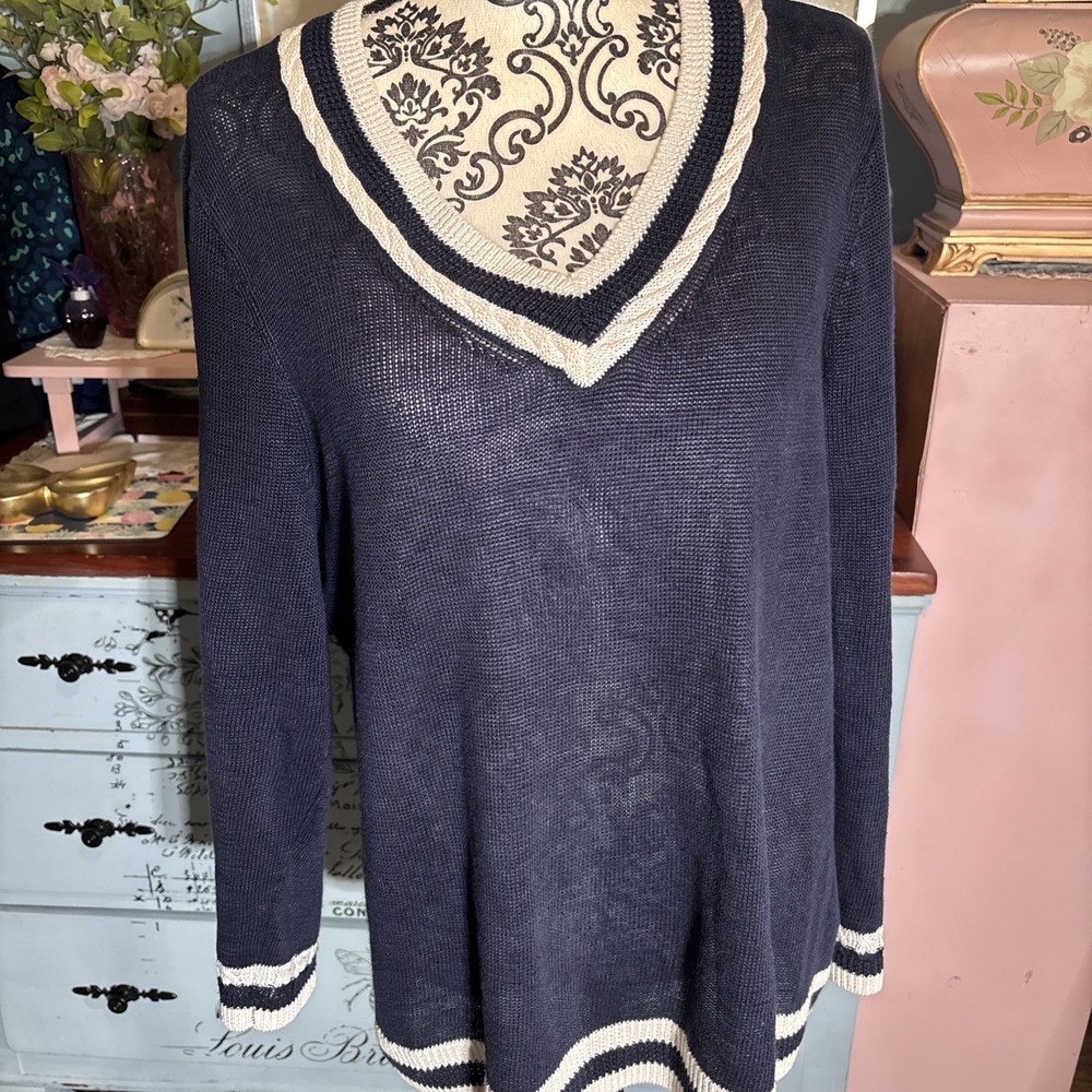 Talbots 100% Linen Light Sweater. Nautical Sz XL Petite. Navy Blue And White.